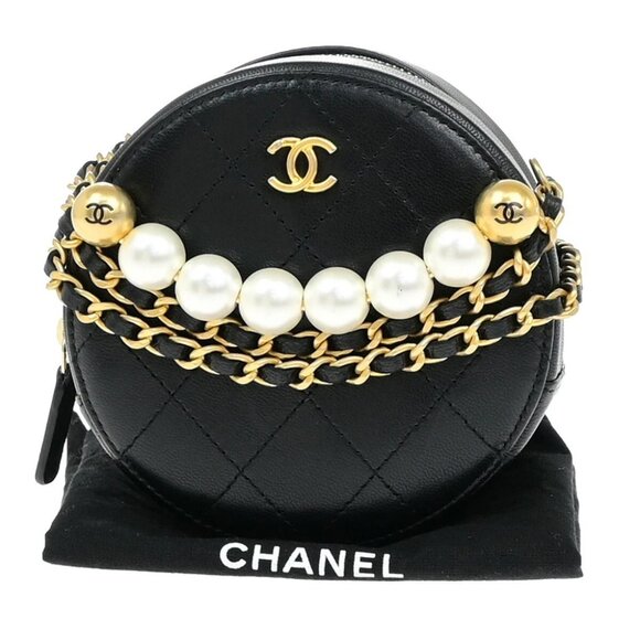 CHANEL CC Round Mini Chain Shoulder Bag Imitation Pearl Leather Black - Picture 1 of 16